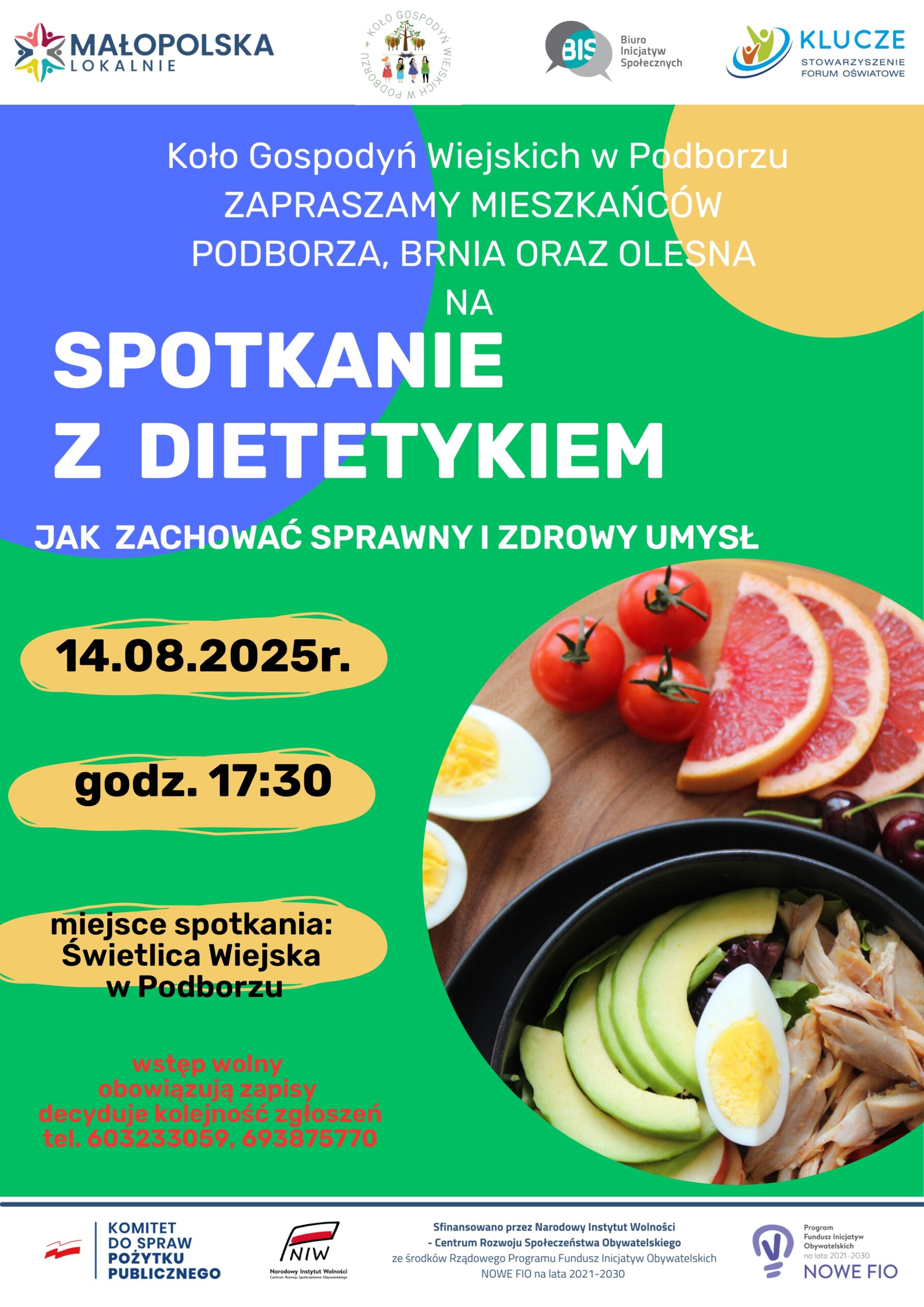 Koło Gospodyń Wiejskich w Podborzu ZAPRASZAMY MIESZKAŃCÓW PODBORZA, BRNIA ORAZ OLESNA NA SPOTKANIE Z DIETETYKIEM