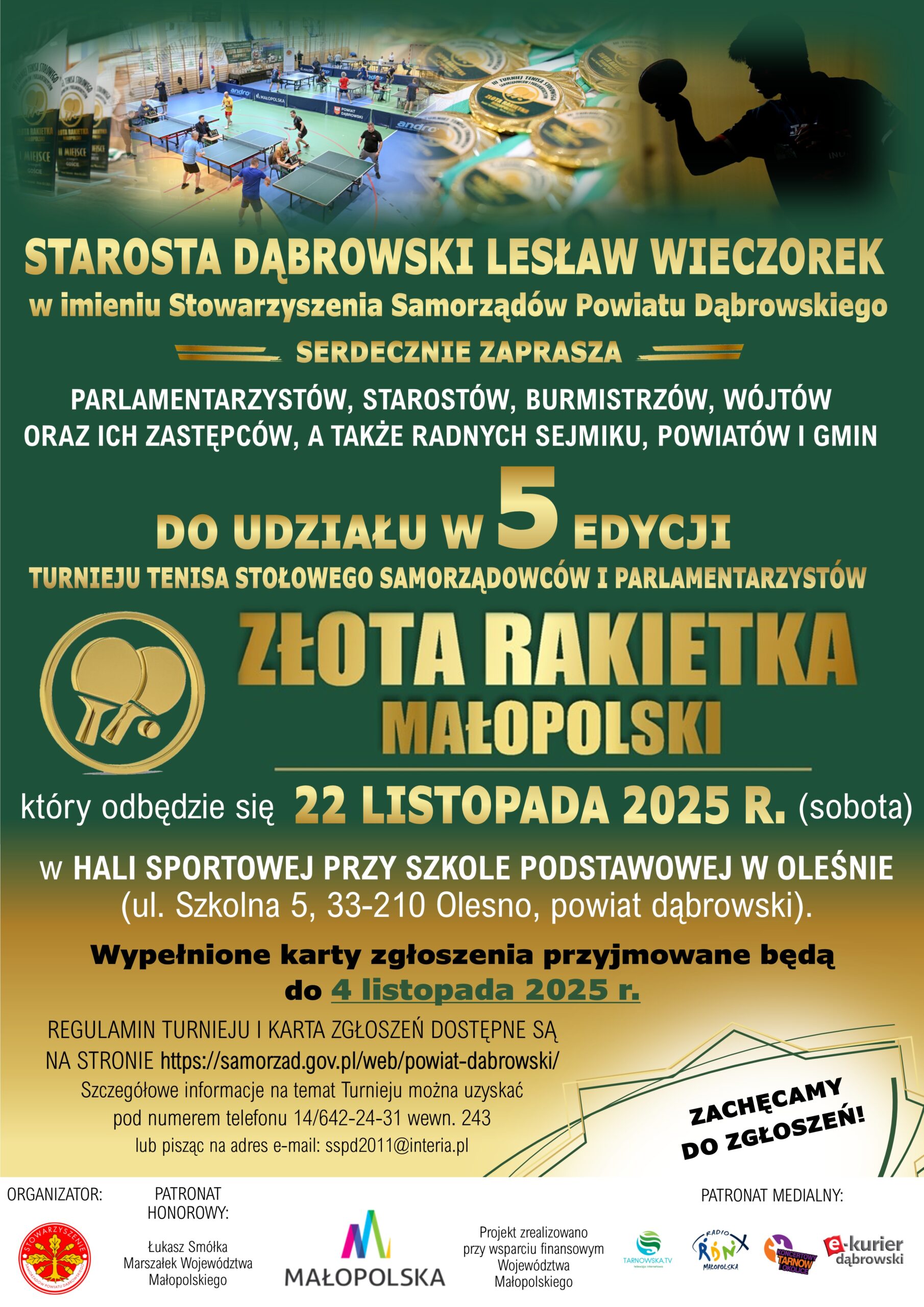 4.11.2025 r. mija termin nadsyłania zgłoszeń udziału w V Turnieju Tenisa Stołowego Samorządowców i Parlamentarzystów „Złota Rakietka Małopolski”