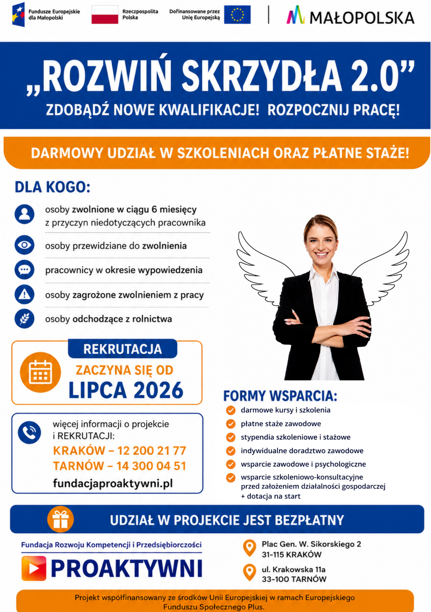 Informacja o projekcie „Rozwiń SKRZYDŁA 2.0.!”, realizowanym przez Fundację Rozwoju Kompetencji i Przedsiębiorczości PROAKTYWNI.